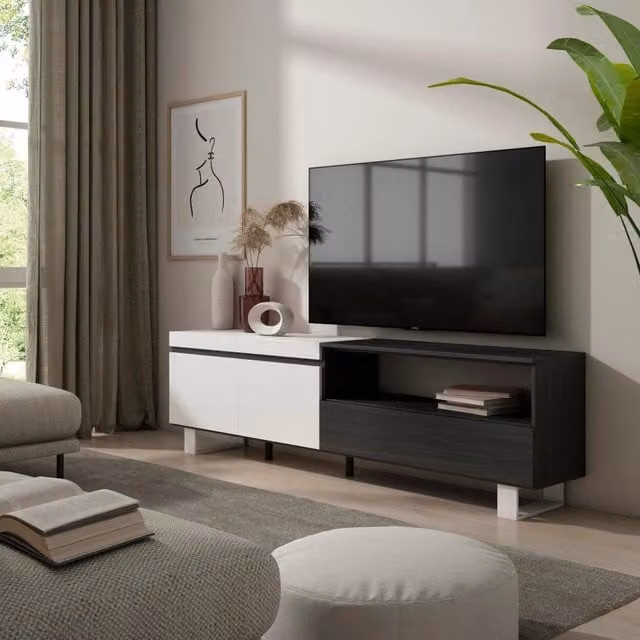 Mobile TV, 200x35x57cm, soggiorno, Per TV fino a 80", Design industriale, Bianco e nero RF2173