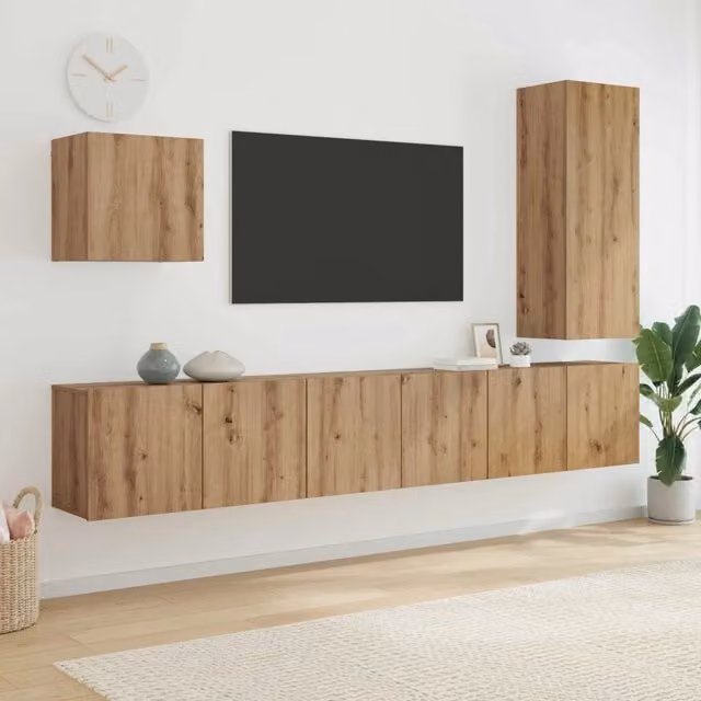 Unità TV da parete moderna vidaXL in legno rovere marrone con 5 scomparti – 1