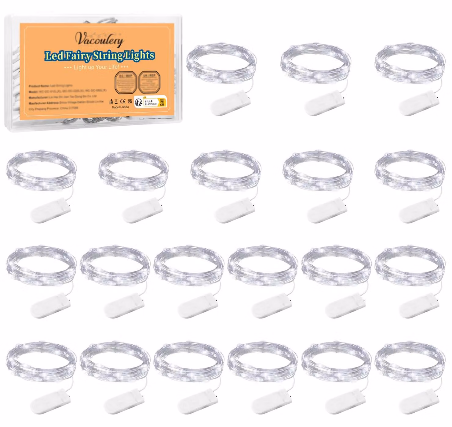 Catena luminosa a LED, 20 elementi, lunghezza 1 metro, 10 LED, luce bianca fredda, filo di rame