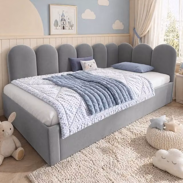 Letto da giorno moderno in tessuto grigio con struttura imbottita e cassetti L/P/H: 203 x 90 x 76 cm – 1