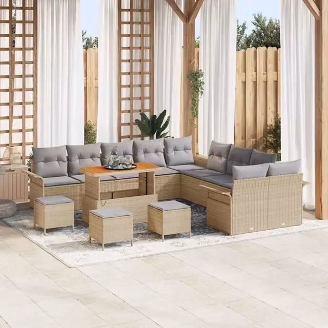Set Divano da Giardino vidaXL 14 Pezzi Beige con Cuscini e Tavolino in Polyrattan e Acciaio
