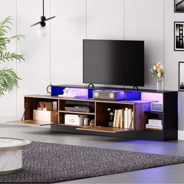 Mobile TV con LED, 2 ante a ribalta e vani aperti, per soggiorno, in truciolare rovere e nero, 190 × 40 × 48,5 cm