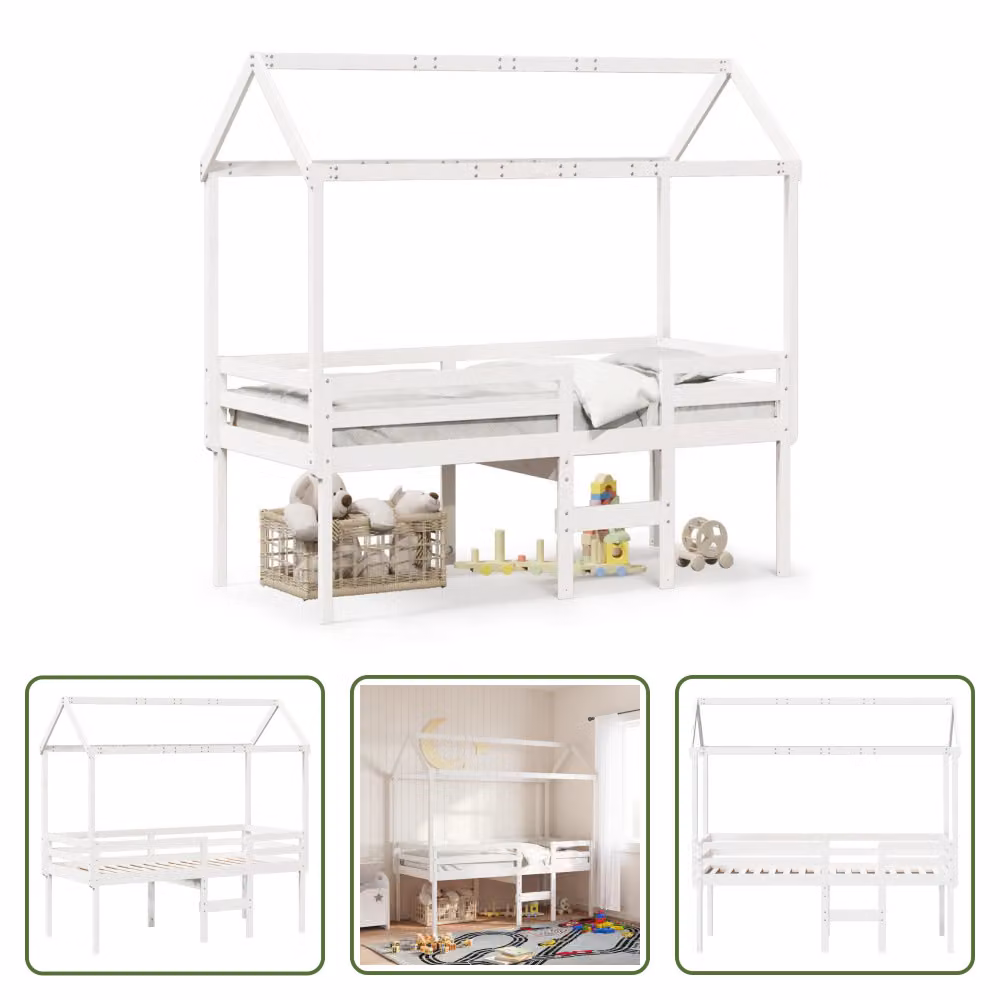 The Living Store Letto a soppalco con tetto bianco 90x190 cm in legno di pino massiccio