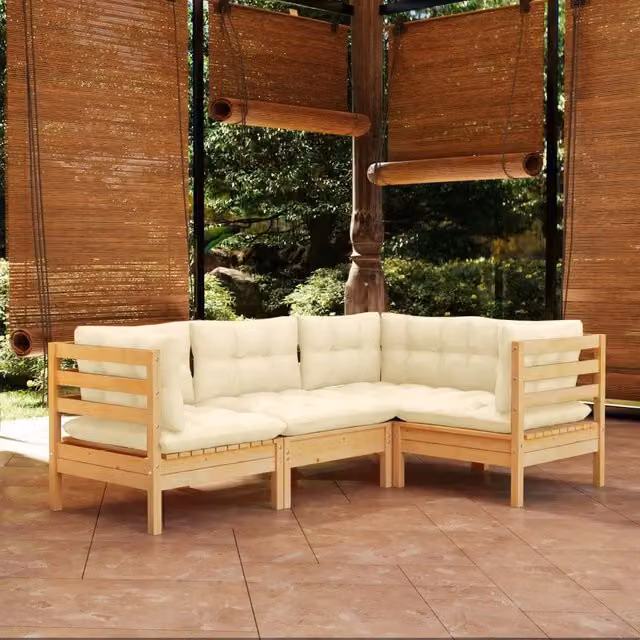 Set Salotto da Giardino 4 pz con Cuscini Crema in Legno di Pino 3096370