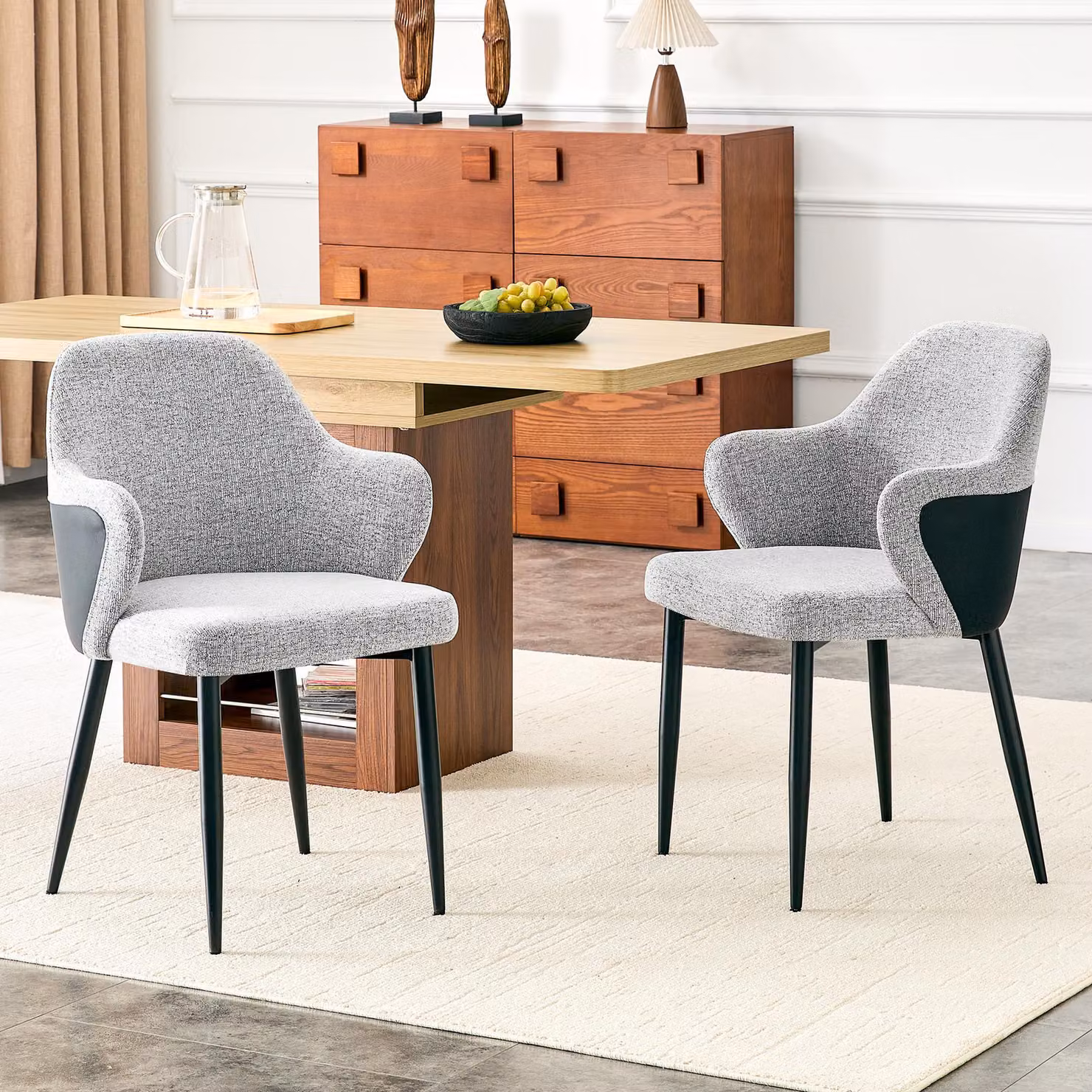 Set di 2 sedie da pranzo MODFU con schienale avvolgente, sedia da ufficio in tessuto, poltrona TV con gambe in metallo a forma di croce, poltrona imbottita, poltrona relax, altezza 83 cm, colore nero e grigio