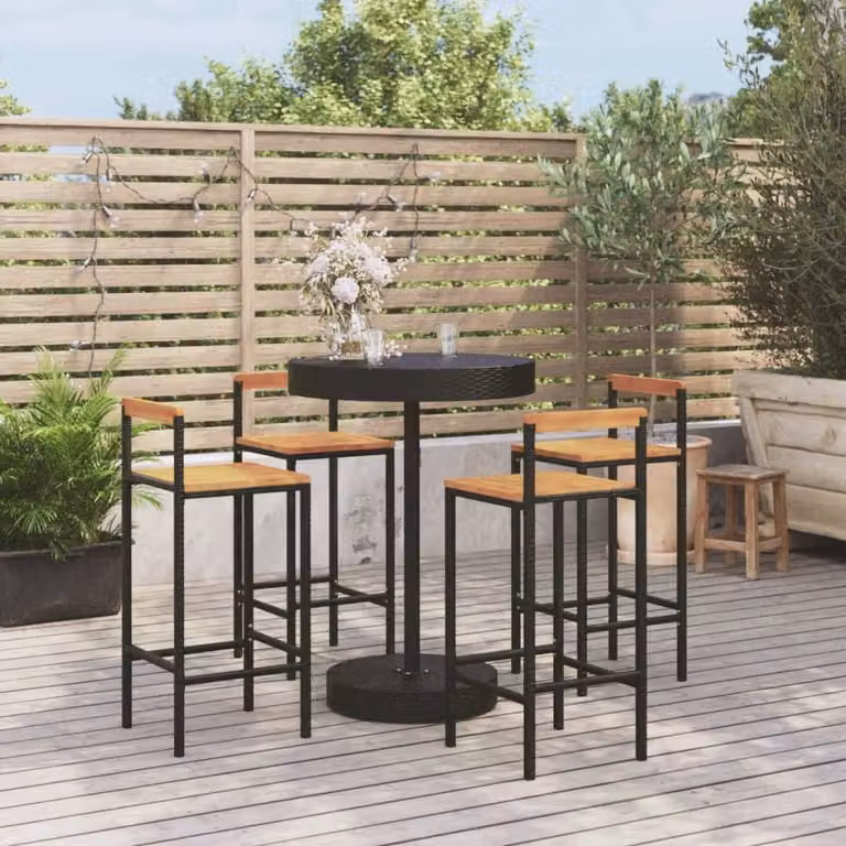 The Living Store Set bar da giardino 5 pezzi in poly rattan nero e legno massiccio di acacia