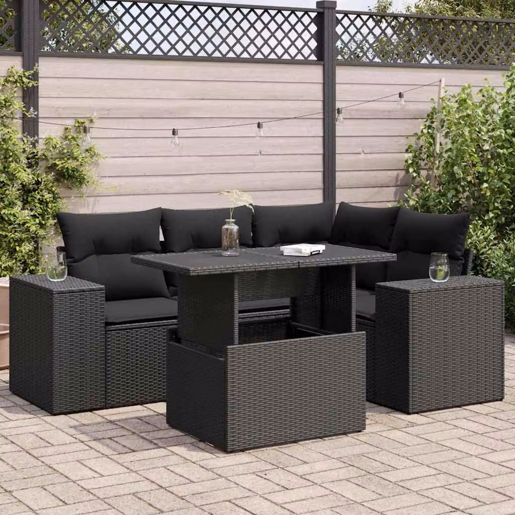 Set Divano da Giardino a L vidaXL 5 Pezzi con Tavolino e Cuscini, Colore Nero