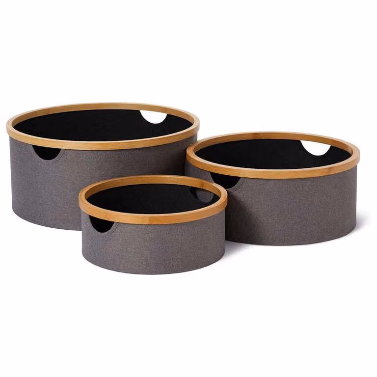 LUMALAND Scatola portaoggetti rotonda con cornice in bambù - Set da 3 - Grigio/Antracite