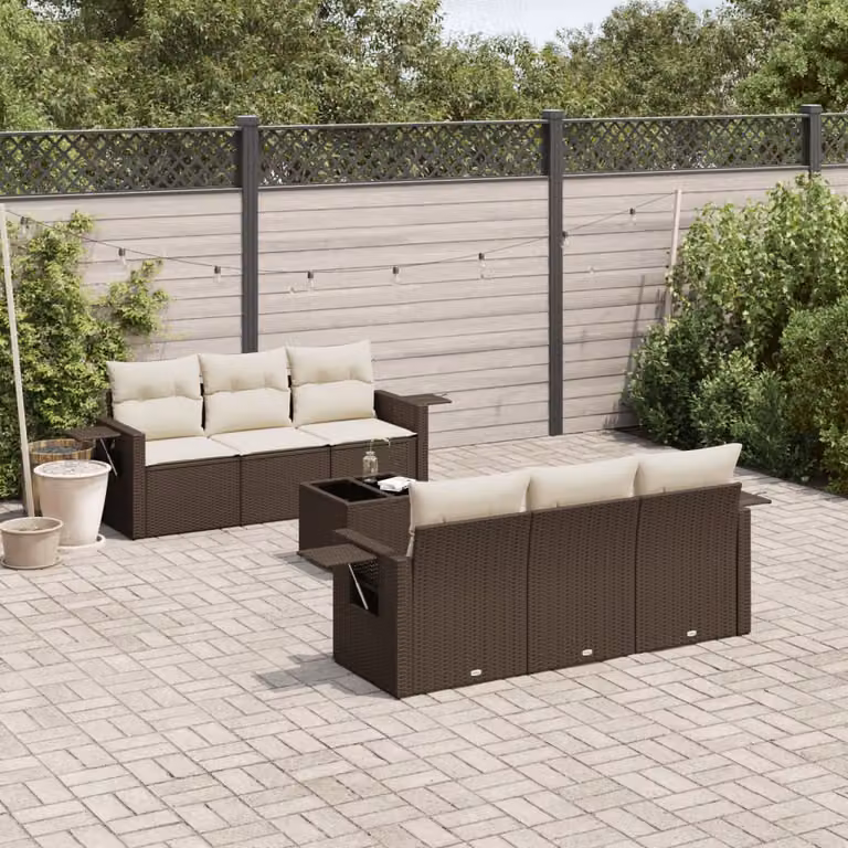 Set di divani da giardino vidaXL in polyrattan marrone con cuscini bianchi e tavolino da esterno 7 pezzi