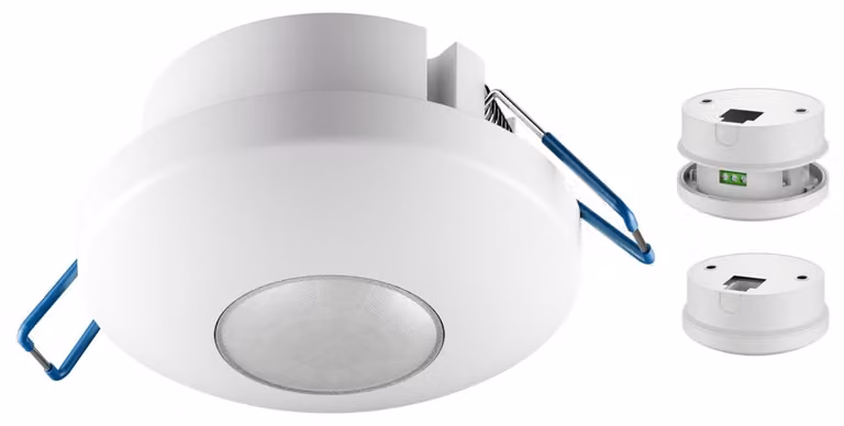 Rilevatore di movimento 2 in 1, bianco, per installazione a vista e da incasso, rilevamento a 360°, portata di 8 m, per interni (IP20), compatibile con LED