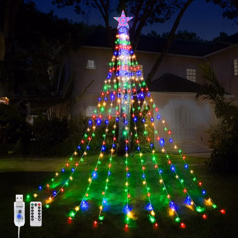 Catena luminosa a cascata a LED, 2 metri, 9 file, 198 LED, alimentazione USB, telecomando, grado di protezione IP65