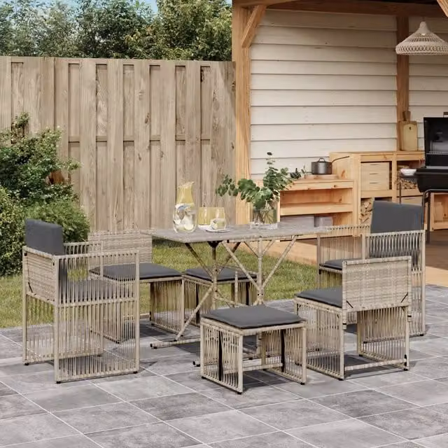 Set da Pranzo da Giardino 7 pz Cuscini Polyrattan Grigio Chiaro 369014