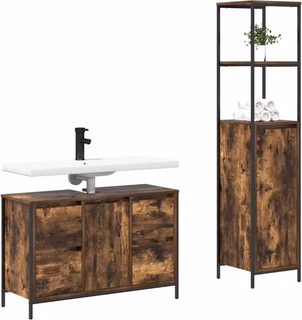 Set di mobili per il Bagno | Armadio da bagno 2 pz Rovere Affumicato e Nero