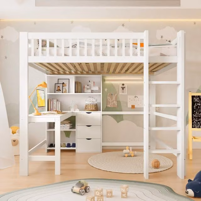 Letto a soppalco 140x200 con scrivania; scala e cassetti; pino e MDF bianco