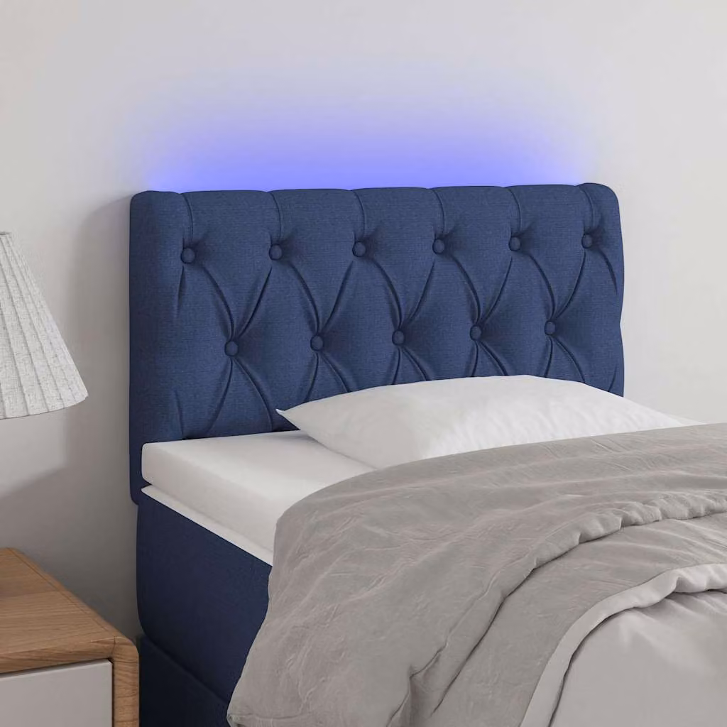 Testiera per letto vidaXL in tessuto blu con illuminazione LED integrata e porta di ricarica USB, L: 80 cm, P: 7 cm, H: 78-88 cm