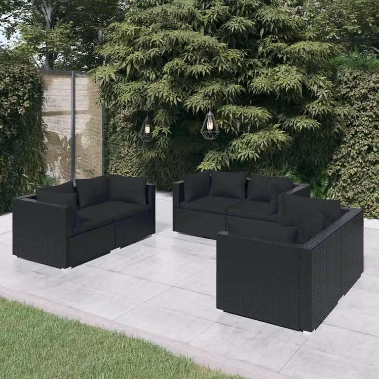 Set di divani da giardino vidaXL a forma di L composto da 6 pezzi con cuscini neri in polyrattan e struttura in acciaio verniciato a polvere