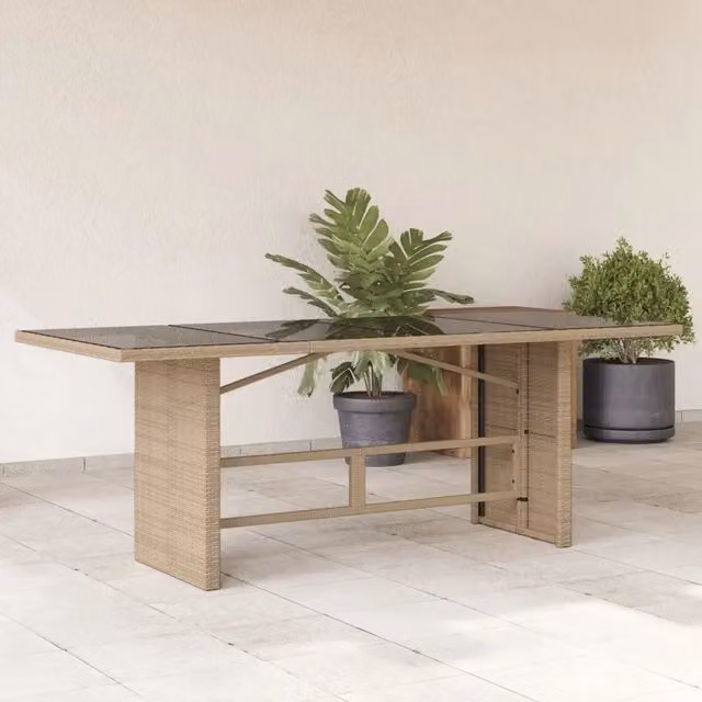 Tavolo da giardino rettangolare estensibile vidaXL in polyrattan beige con piano in vetro L: 190 cm, P: 80 cm, H: 75 cm