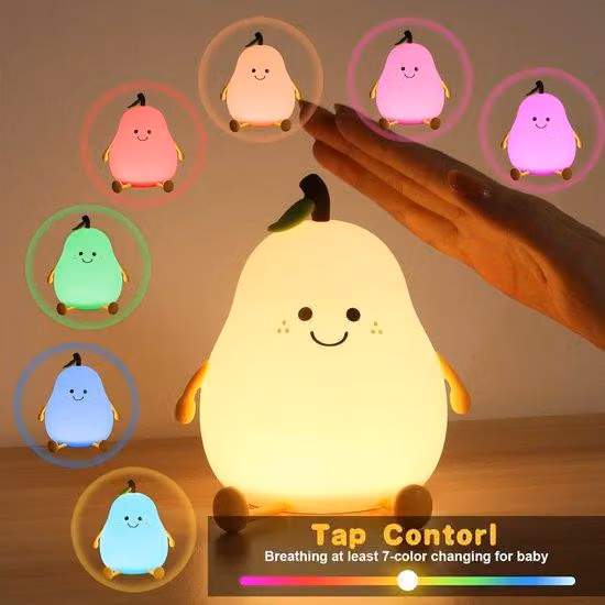 Lampada da notte per bambini - Lampada da notte in silicone a forma di pera con 7 colori - Attivazione tramite tocco - Ricarica USB e funzione timer - Per bambini e come lampada da tavolo in camera da letto