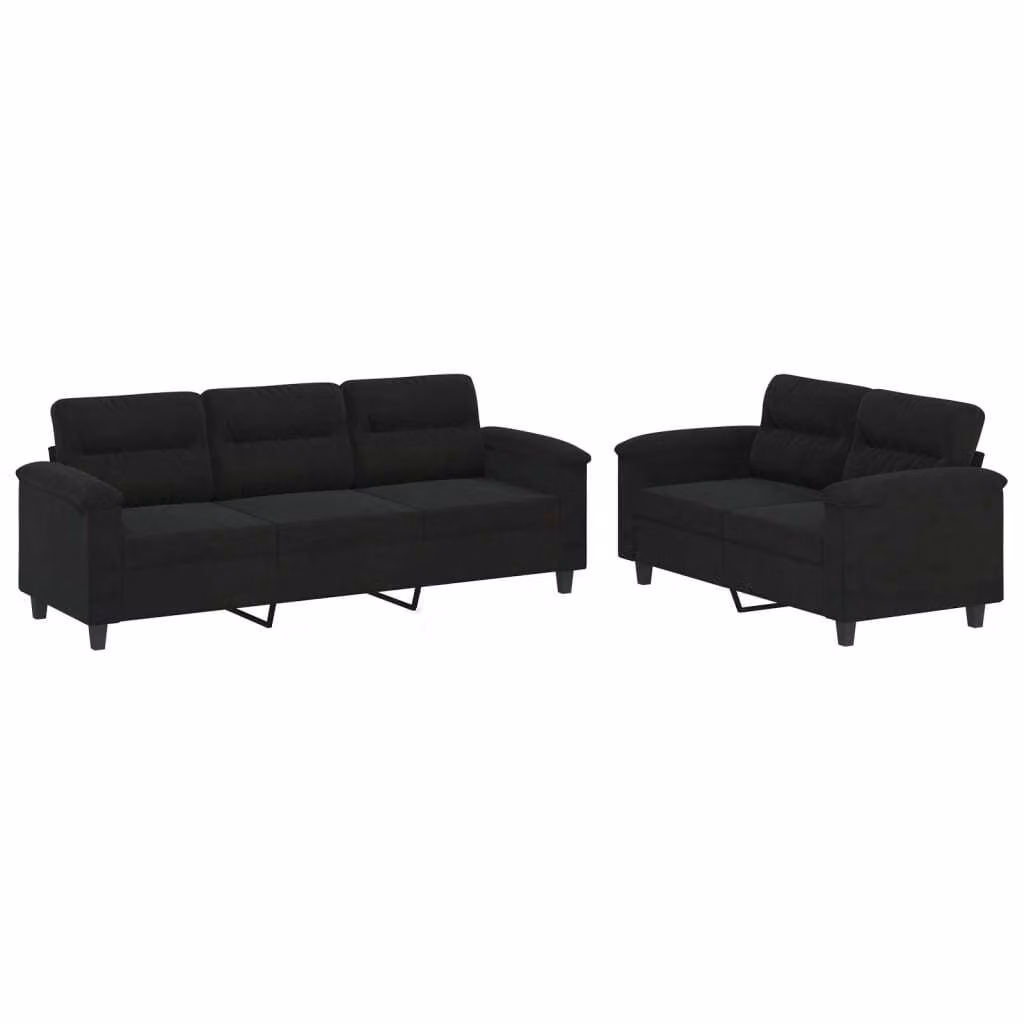 Set Divani 2 pz con Cuscini Nero in Tessuto Microfibra