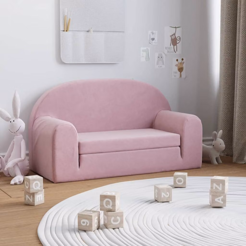 Divano letto per bambini, modello esclusivo, due posti, colore rosa, rivestito in morbido peluche