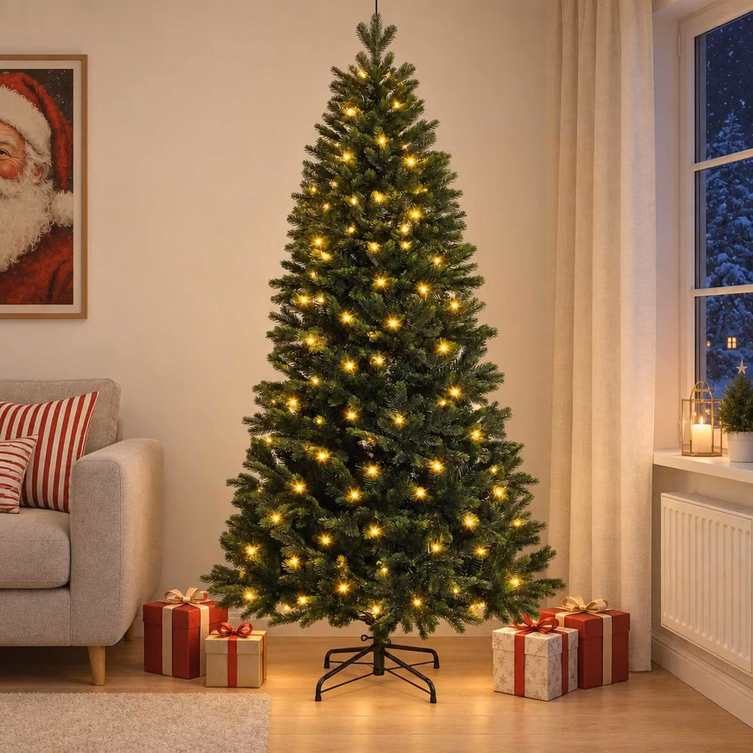 Albero di Natale artificiale pieghevole, altezza 120 cm, con 150 luci a LED