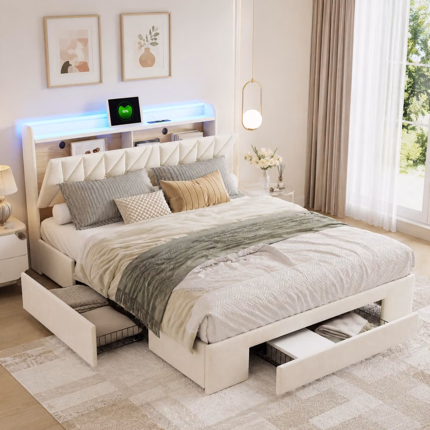 Letto a castello per giovani INONEFT, dimensioni 160x200 cm, con imbottitura, illuminazione LED e porta USB Type-C, contenitore con 3 cassetti, rete a doghe e prese di corrente, rivestito in velluto color beige