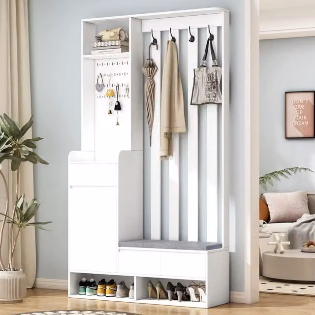 Mobile da ingresso con panca imbottita, 4 ganci, cassetto e pannello forato, vano contenitore, bianco, 100 × 35 × 180 cm