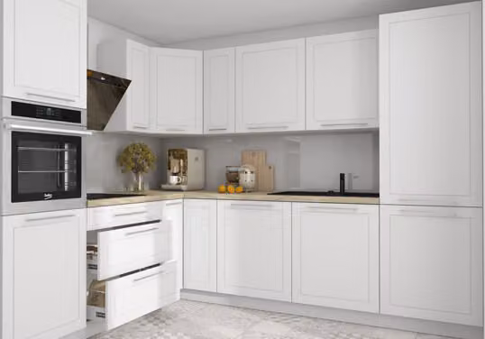 Mobile cucina a L KVANTUM piano di lavoro 230x270cm frontali MDF bianco opaco HETTICH guida a estrazione totale