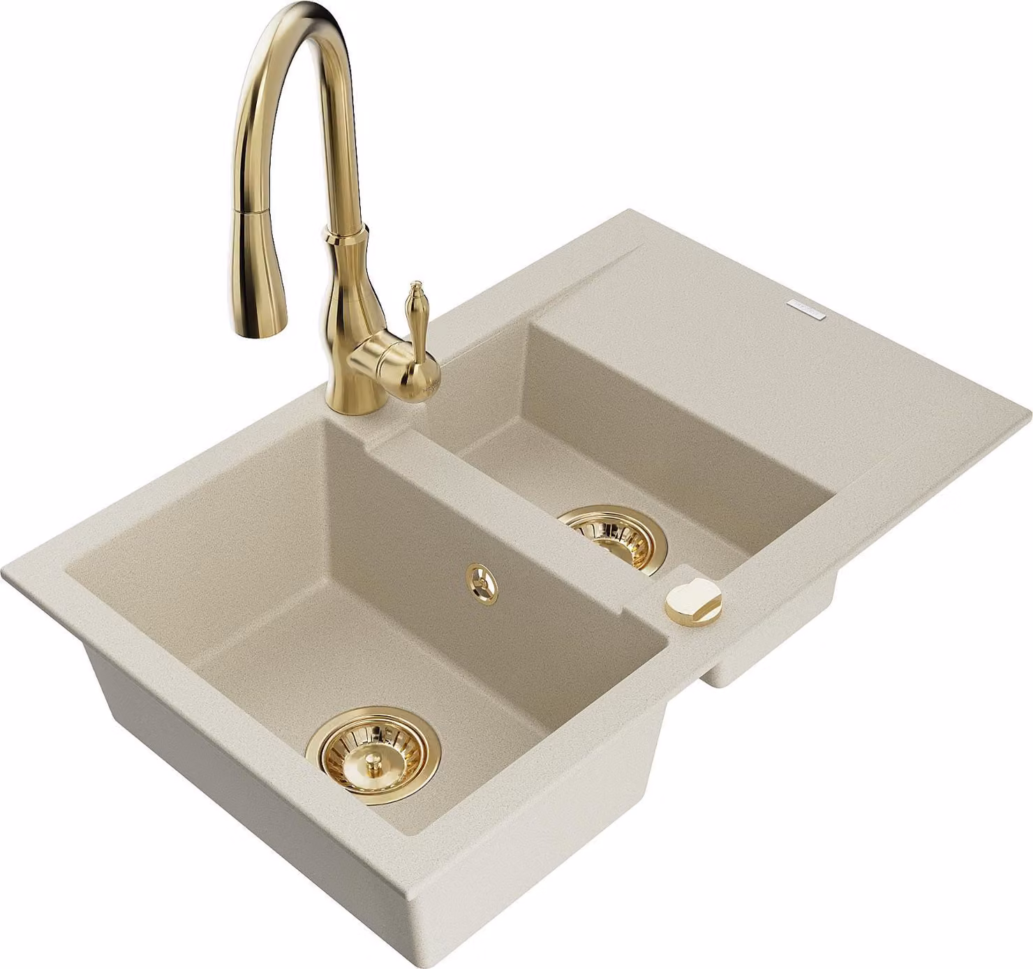Mexen Gaspar Lavello in granito 1,5 vasche con gocciolatoio e rubinetto cucina Savita, beige - 6507-69-672601-50