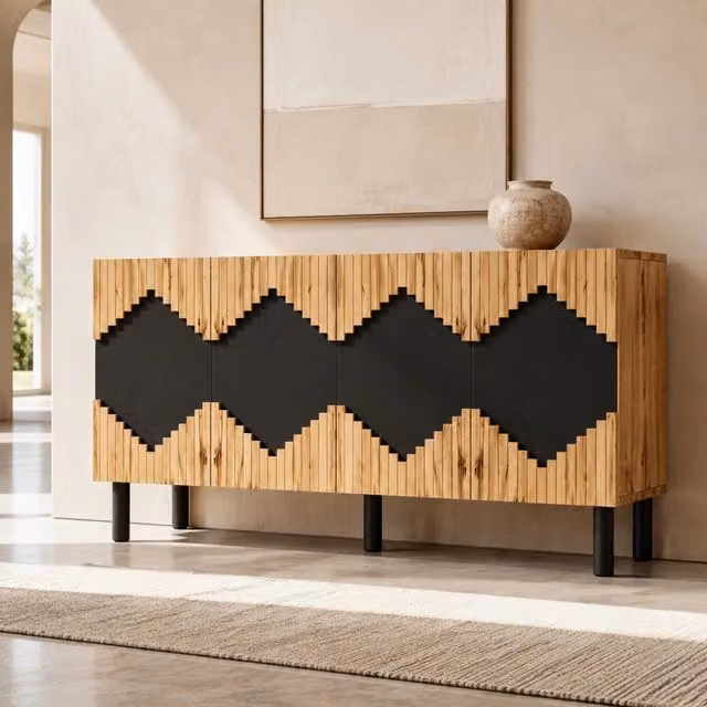 Sideboard moderno in MDF e legno con finitura opaca, colori naturale e nero, L/P/H: 140 x 40 x 70 cm