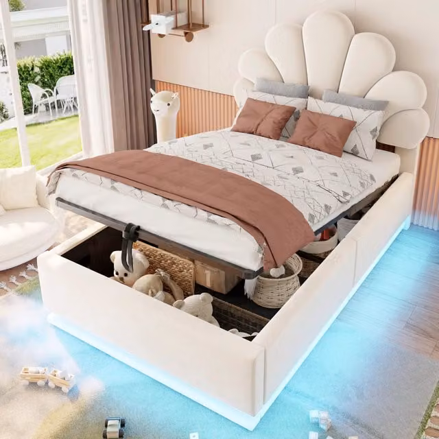 Letto contenitore in velluto beige 90×200 cm con testata a petali, apertura idraulica, luci LED con app e telaio in metallo, senza materasso