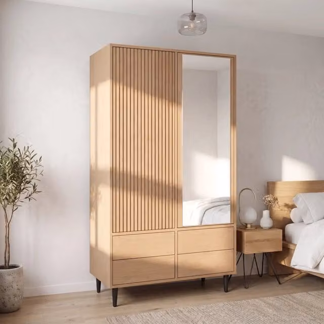 Armadio guardaroba 2 ante con specchio; 90x45x200 cm; MDF effetto rovere