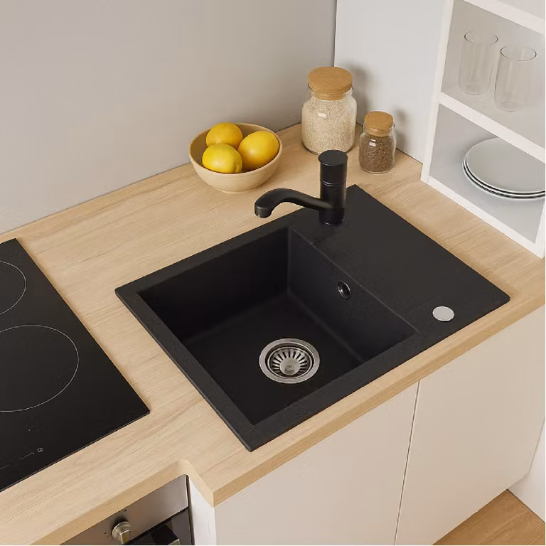 Lavello QLS con scolapiatti LUNA 59x44 cm reversibile incl. sifone nero 11336