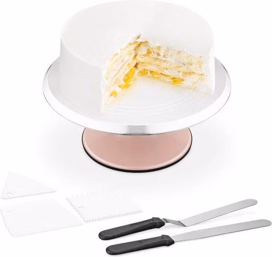 Piastra girevole a 360° con 2 coltelli da torta e 3 raschietti per torta - Tavolino in metallo rosa