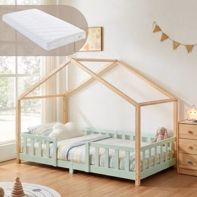 Letto per cameretta Treviolo a forma di casetta in stile Montessori con materasso en.casa, Verde Menta e Beige, L/P/H: 200 x 90 x 138 cm