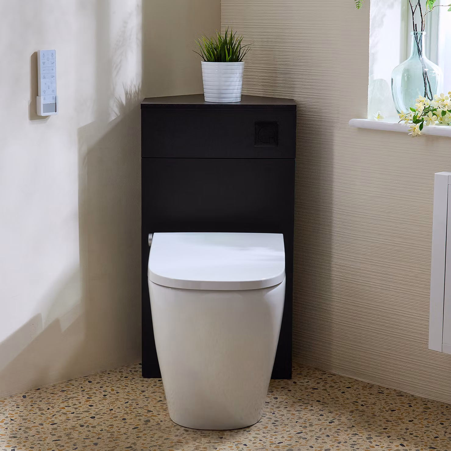 Mobile WC angolare Nero Grigio con smart toilet Hirayu, sanitario + bidet integrato, pulsante nero - Cluo