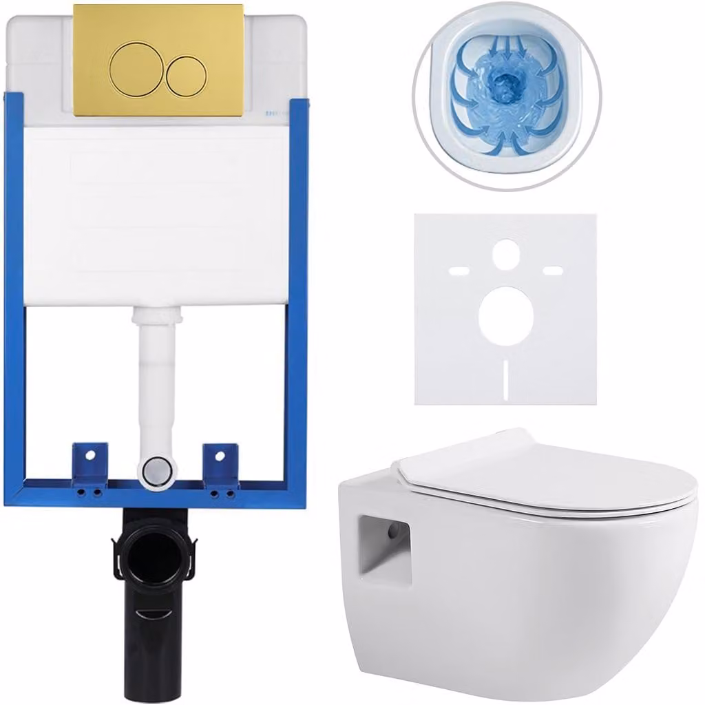Set completo per WC da incasso, modello Lite/Dure, colore bianco lucido, pulsante doppio in oro, da murare, dimensioni 51x35 cm