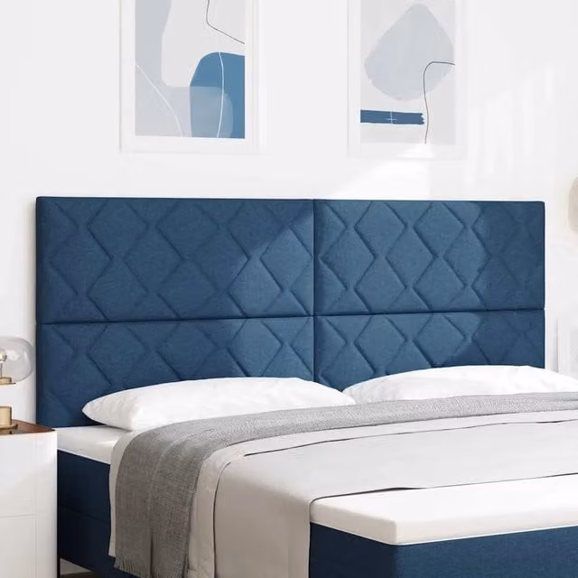 Testiera per letto moderna vidaXL in tessuto blu con struttura in legno e pannello imbottito geometrico L: 128 cm, H: 7 cm, P: 11 cm – 1
