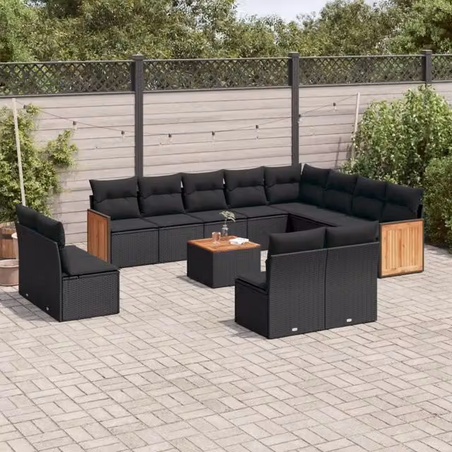 Set da giardino moderno vidaXL composto da 13 pezzi in polyrattan nero con cuscini inclusi e tavolino da caffè per esterno – 1