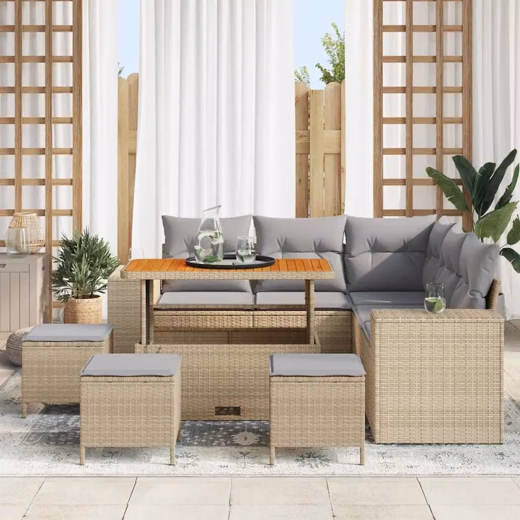 Set Divano da Giardino a L vidaXL 9 pz Beige con Cuscini e Tavolino in Polyrattan e Acciaio