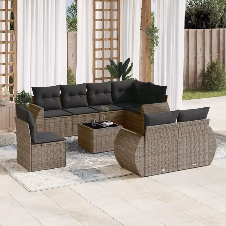 vidaXL Set Divano da Giardino a L 9 pz in Polyrattan Grigio con Cuscini e Tavolino