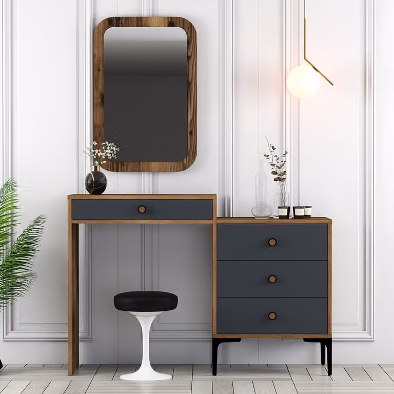 Skye Decor, toletta di alta qualità con specchio, in noce e antracite, 124 x 84,7 x 40 cm | Pannello truciolare rivestito al 100% in melamina, spessore 18 mm | Design moderno, ideale per la tua casa.