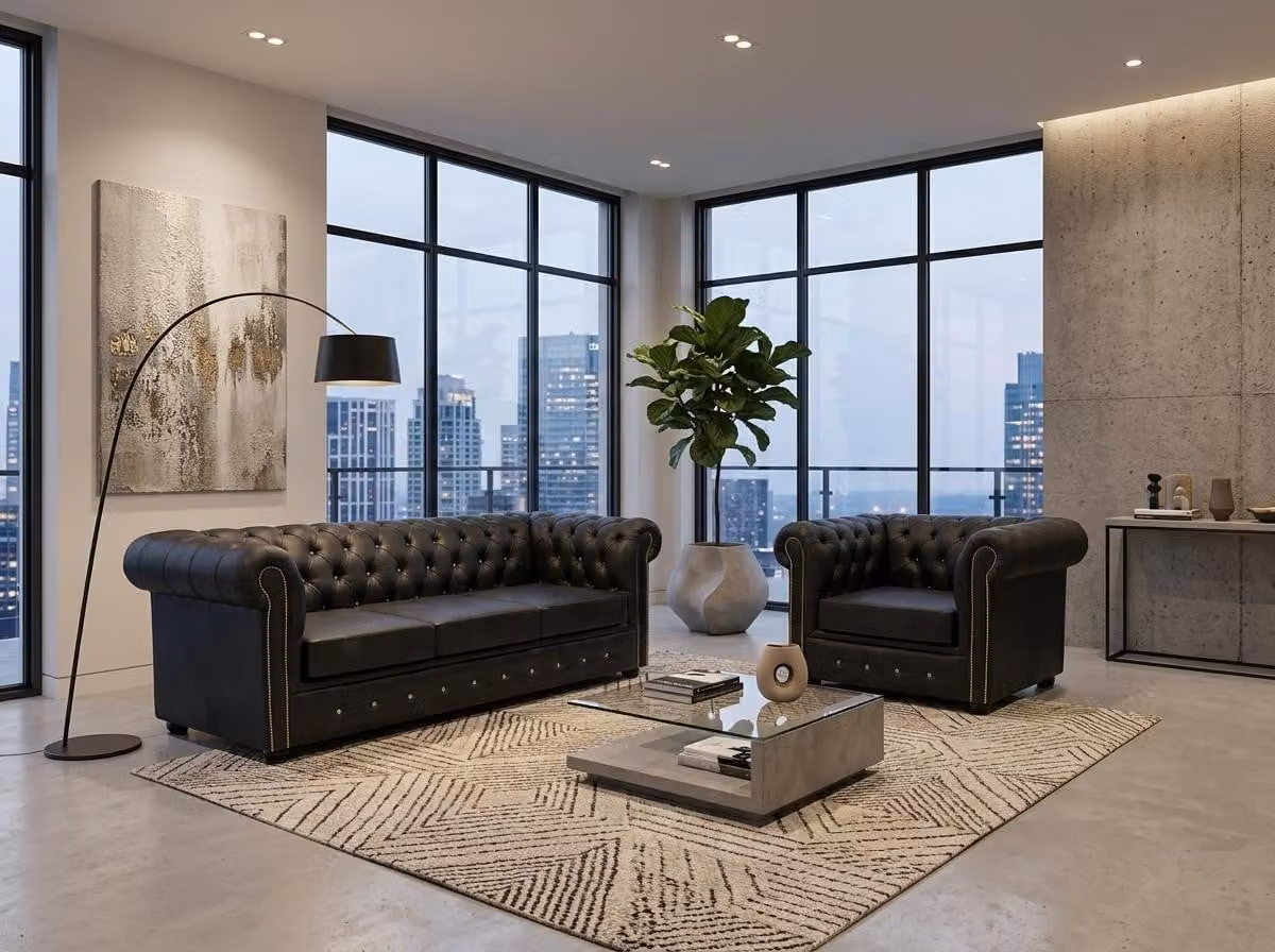 Klassisches Schwarzes 3-Sitzer Sofa Sessel Wohnzimmer Polstergarnitur