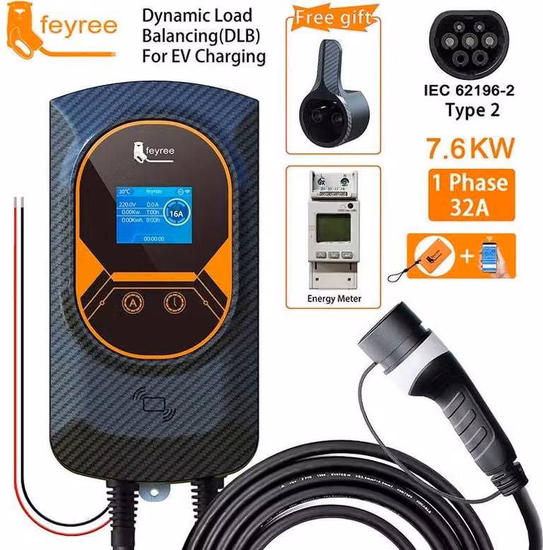 Caricabatterie per veicoli elettrici, distribuzione dinamica del carico, controllo tramite app mobile, 7,6KW 32A 1 fase, TYPE2