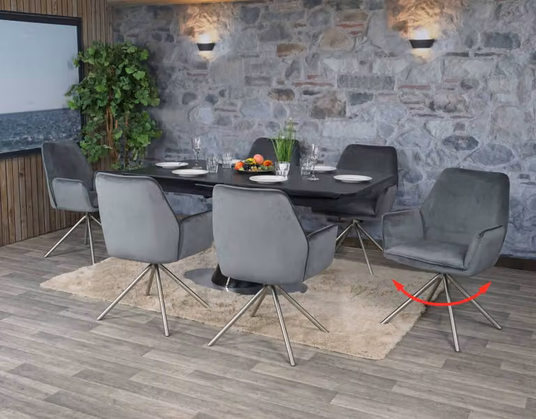 Set da 6 sedie da pranzo MCW-G67, sedia da cucina con braccioli, girevole con posizione automatica, velluto MVG ~ grigio scuro, acciaio inossidabile