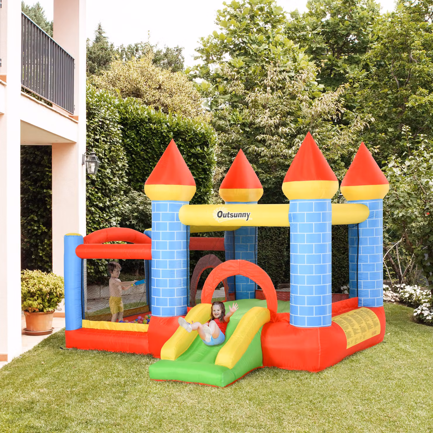 Castello Gonfiabile Outsunny con Scivolo, Trampolino, Piscina e Canestro per Bambini dai 3 agli 8 Anni, Multicolore, L 280 x P 260 x H 210 cm – 2