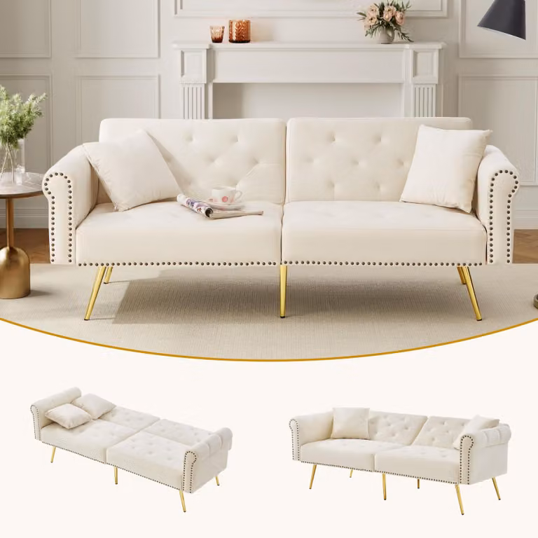 Fortuna Lai Divano letto moderno a 2 posti – rivestimento in velluto, schienale regolabile in 3 posizioni e piedini in metallo dorato Elegante divano con funzione letto – salvaspazio, resistente, ideale per spazi ridotti