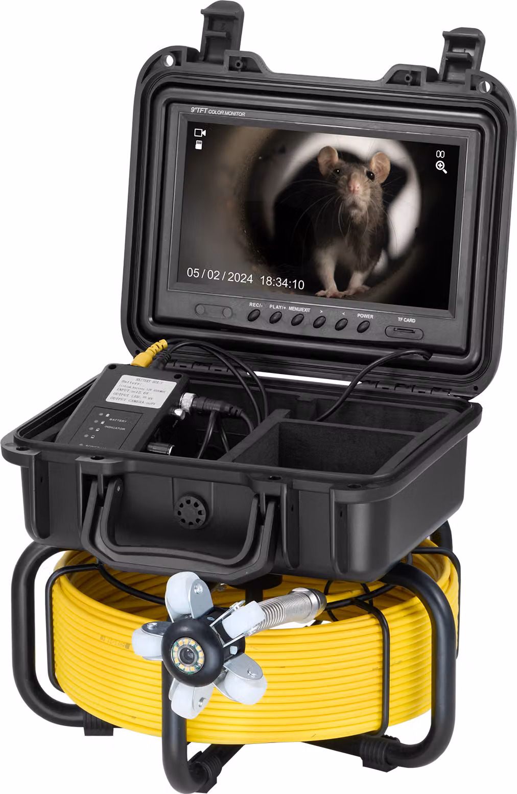 Telecamera per fognature SucceBuy, campo di misura 98 ft/30 m, telecamera autolivellante per l'ispezione degli scarichi con schermo HD 1080P da 9 pollici, zoom 36x, telecamera idraulica impermeabile IP68 con 12 luci LED