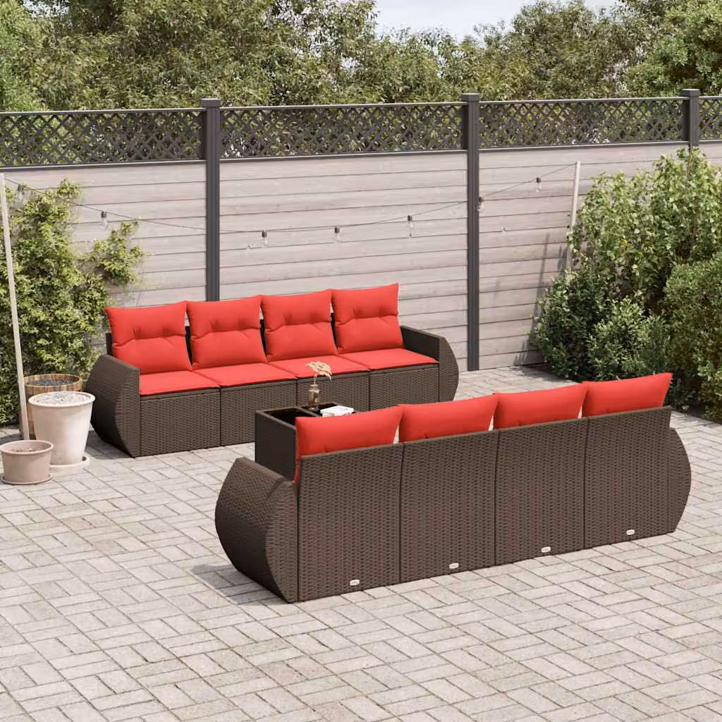 Set di divani da giardino vidaXL 9 pezzi con cuscini marroni e tavolino in rattan e metallo