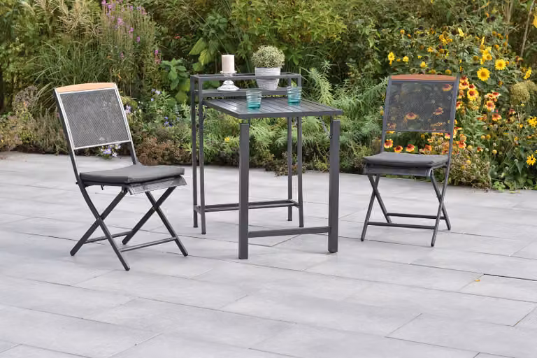 Set di mobili da giardino Merxx Patmos, 5 pezzi: 2 sedie pieghevoli, 2 cuscini di seduta, 1 tavolo pieghevole da balcone in alluminio/acciaio/acacia